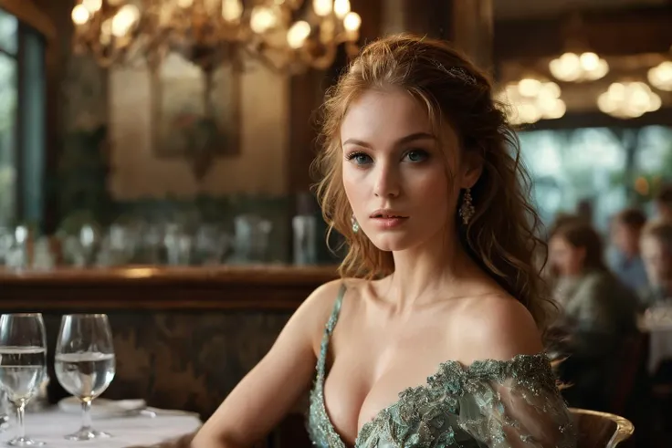 Eleonora in a dimly lit restaurant, large natural breasts, thin blouse, plunging neckline, one shoulder exposed, low light, exotic, sensual, (8k, RAW photo, best quality, depth of field, ultra high res:1.2), (intricate, photorealistic, masterpiece, ultra-detailed), dynamic lighting,score_9, score_8_up, score_7_up, score_6_up, score_5_up, score_4_up, <lora:EleonoraV2:.8>
