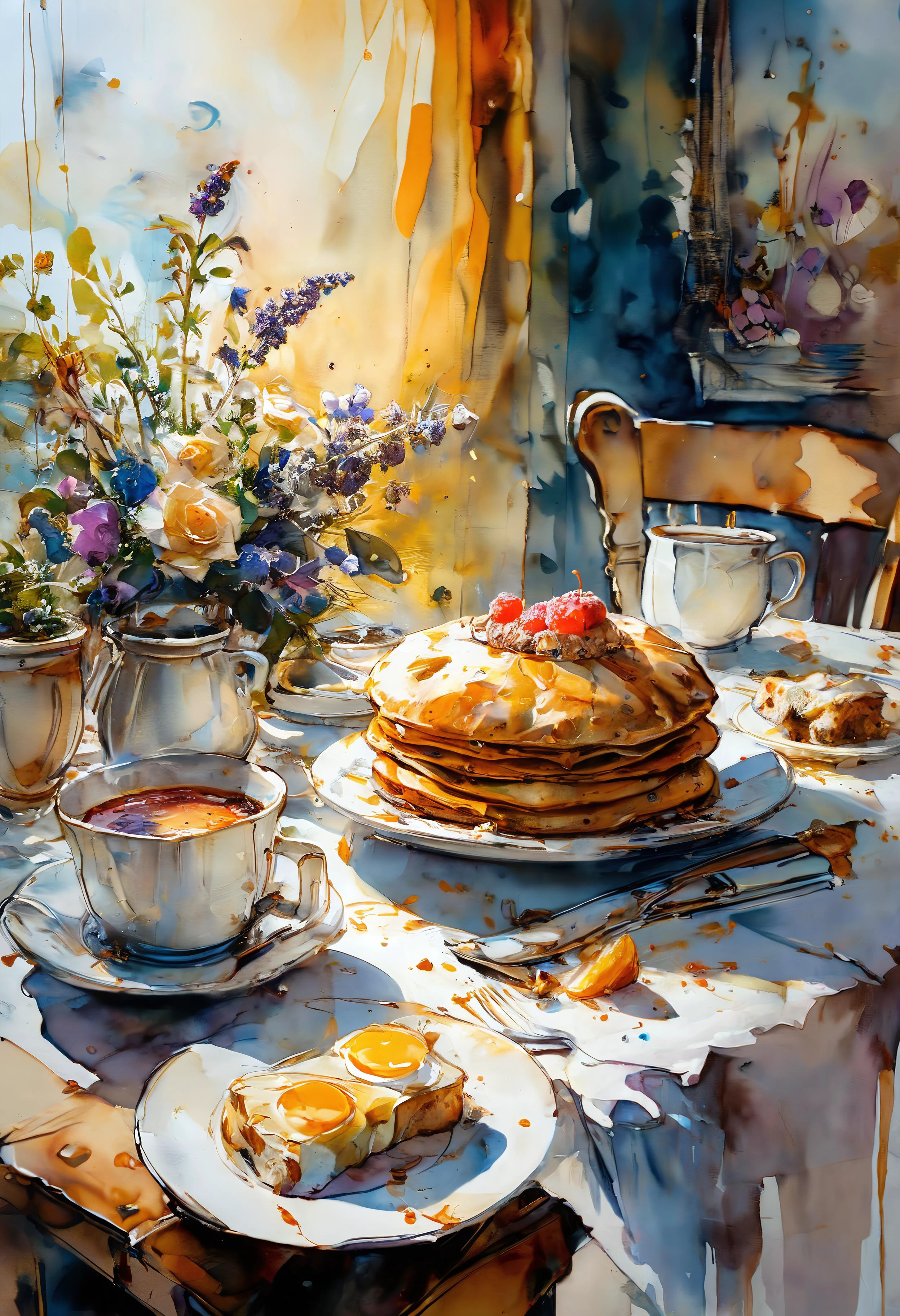 Positiv Clip L
an award-winning painting,( colored:0.5), (inked watercolormix,:0.7) an impressive Extreme painting, (in the style of Alice Pasquini:0.4), close-up of a, "Enchanting Breakfast Table Setting"
Positive Clip G
an award-winning painting,( colored:0.5), (inked watercolormix,:0.7) an impressive Extreme painting, (in the style of Alice Pasquini:0.4), close-up of a, "Behold the enchanting scene of a meticulously arranged breakfast table. Crisp white linens adorned with delicate floral arrangements serve as the canvas for an array of culinary delights. Freshly baked pastries, vibrant fruits, artisanal cheeses, and steaming cups of coffee invite guests to partake in a leisurely morning repast. The soft glow of morning light filters through sheer curtains, casting a warm and inviting ambiance over the scene. It's a tableau that promises not just nourishment for the body, but also for the soul."
---------