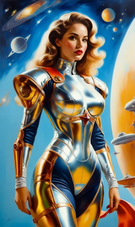 oil painting, portrait of a female space ship captain in baroque-style uniform,  huge breasts, wide hips, retro-futurism, sleek leather and chrome, haughty and beautiful background, launching pad for a shiny ornate fantastic rocket ship