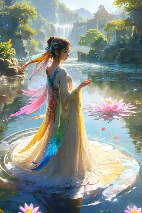 2girls,(masterpiece:1.2),best quality,multicolored,masterpiece,best quality,((an extremely delicate and beautiful)),floating,(detailed wet clothes),(detailed light),feather,nature,(sunlight),river,floating palace,beautiful and delicate water,(bloom),(shine),panorama,landscape,looking_at_viewer,