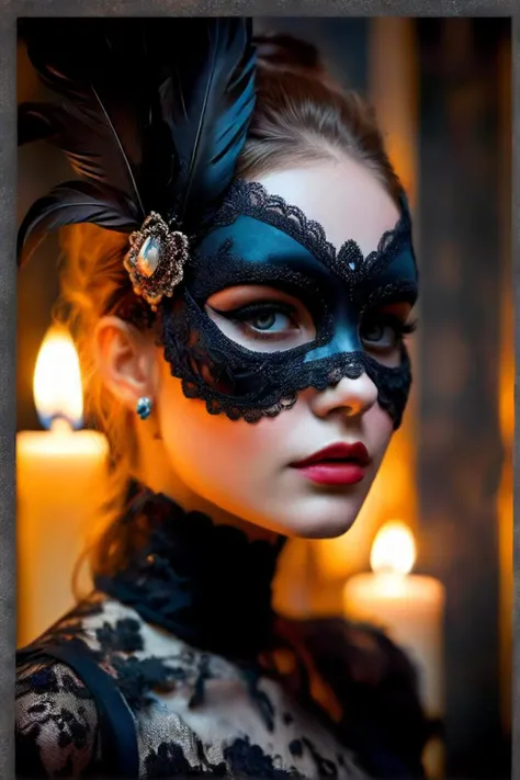 score_9, best quality, fashion photo, sexual ~*~aesthetic~*~, hd, score_8_up, score_7_up, score_6_up, score_5_up, score_4_up, in the depths of a dimly lit, gothic inspired party, a woman stands out amidst the shadows. she is dressed in an ethereal red lace bodysuit, adorned with intricate black lace patterns that contrast against her pale skin. her long, dark hair cascades down her back, complementing the black feathered mask she wears over her face. the mask, crafted from delicate feathers and a black band, conceals her identity, adding an air of mystery to her persona. she stands confidently, her eyes closed as if lost in the rhythm of the eerie music permeating the room. in her left hand, she holds a silver choker with a pendant, glinting under the flickering candlelight. as she sways to the beat, her movements exude an intoxicating aura that draws the attention of the other party goers. the background reveals a crowd of people, their faces obscured by the darkness and the flickering flames of the candles scattered around the room. some are clad in elaborate gothic outfits, while others wear simple black attire, all united in their shared appreciation for this otherworldly event. despite the dark atmosphere, there's a palpable sense of excitement and wonderment, as everyone immerses themselves in the enchanting spectacle unfolding before them.