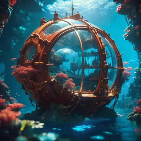 stylized by beeple, noah bradley, cyril roland and ross tran, photograph, [Prehistoric:Steerage:3] (bathysphere:1.3) , the bathysphere is Grotesque and Fairy-Tale, made from Red oak, shallow depth of field, detailed architecture, 2D flat anime, natural lighting, geometric shapes, feminine mystique, wooden tabletop, enchanted, sharp focus, complex artistic color composition, badge, sunny, extremely rich detail, masterpiece, best quality,