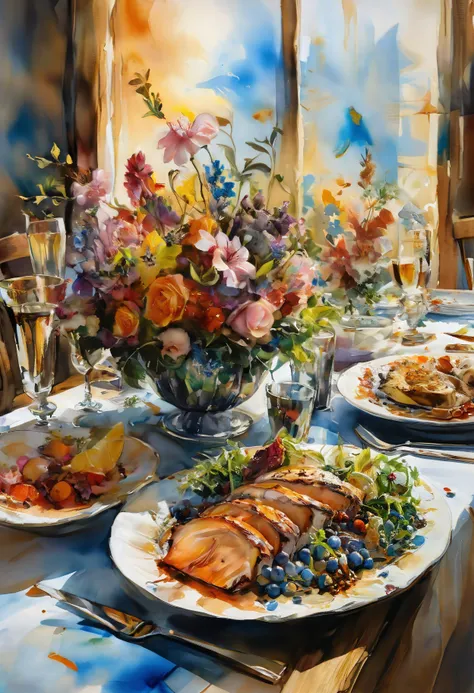 Positiv Clip L
an award-winning painting,( colored:0.5), (inked watercolormix,:0.7) an impressive Extreme painting, (in the style of Alice Pasquini:0.4), close-up of a, a meticulously arranged lunch table
Positive Clip G
an award-winning painting,( colored:0.5), (inked watercolormix,:0.7) an impressive Extreme painting, (in the style of Alice Pasquini:0.4), close-up of a, Behold the captivating sight of a meticulously set lunch table. Crisp linen tablecloths adorned with elegant centerpieces of freshly cut flowers create an atmosphere of refined sophistication. Each place setting is adorned with polished silverware and fine china, evoking a sense of timeless elegance.
The culinary offerings are presented with artful precision. A vibrant array of seasonal salads, composed with colorful heirloom tomatoes, crisp cucumbers, and peppery arugula, entices guests with their freshness and vibrancy. Delicate slices of artisanal bread, still warm from the oven, are displayed in a rustic woven basket, accompanied by a selection of savory spreads and infused olive oils.
The main course takes center stage, a culinary masterpiece meticulously crafted by the chef. Picture a succulent grilled salmon fillet, perfectly seared and served atop a bed of wild rice pilaf, garnished with a medley of roasted vegetables and drizzled with a citrus-infused vinaigrette. The dish is a harmonious blend of flavors and textures, expertly prepared to delight the palate.
As the meal progresses, guests are treated to a selection of artisanal cheeses and charcuterie, presented on elegant wooden boards alongside a variety of crusty breads and seasonal fruits. Each cheese is carefully chosen for its unique flavor profile, inviting guests to indulge in a leisurely exploration of taste and texture.
To accompany the meal, a selection of fine wines and refreshing beverages are offered, served in crystal glassware and chilled to perfection. The conversation flows effortlessly as guests savor each bite and sip, basking in the convivial atmosphere and the pleasure of shared company.
---------