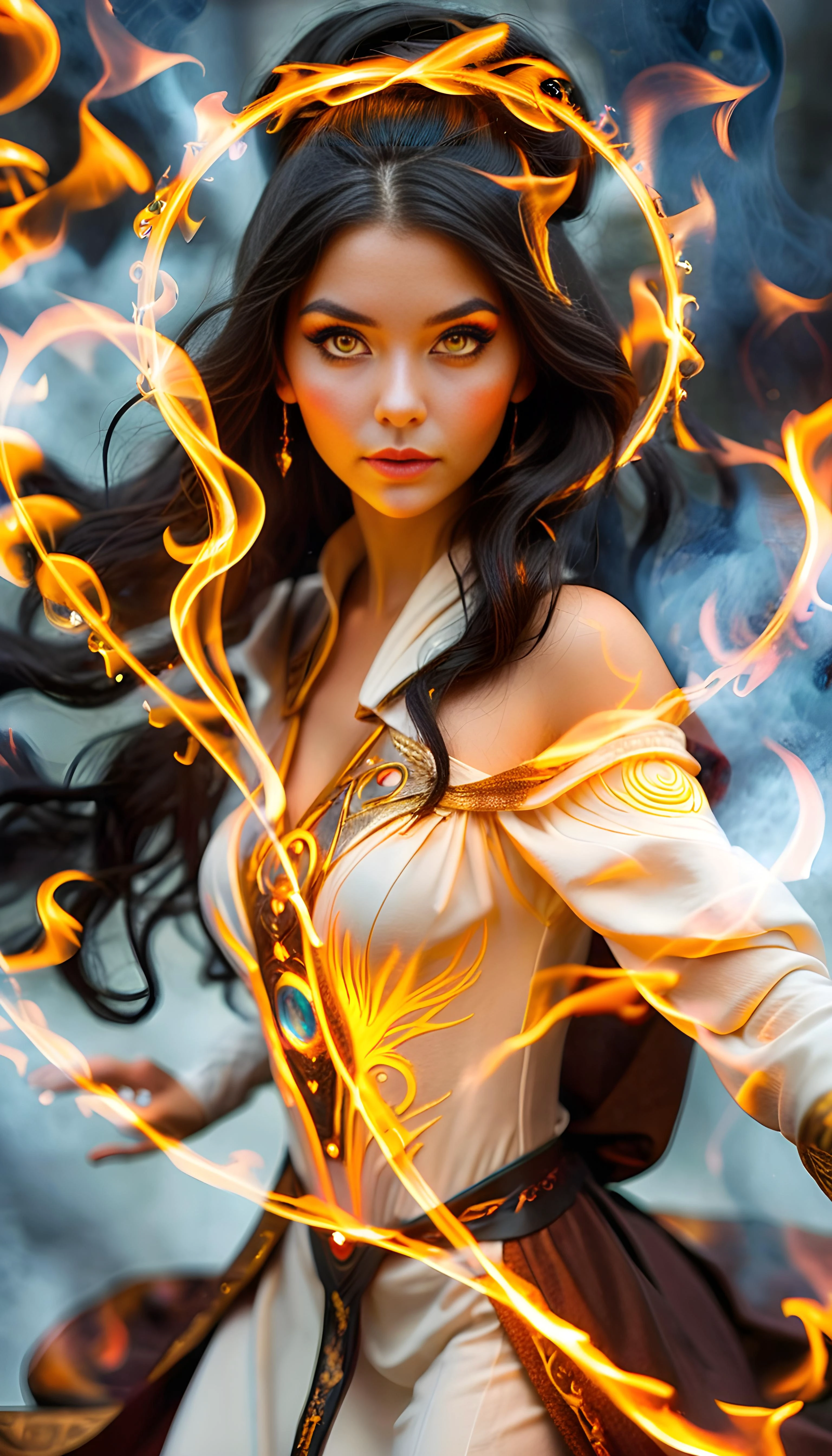Extreme closeup, <lora:xl-shanbailing-1003fire-000010:1> fire element, <lora:xl-shanbailing-0116magic-array:1> magic circle,magic array,magic circles,magic array, full body wide angle, professional 3d model , 3d printed fit romantic 23 year old (Icelandic:1.1) woman with long jet black hair, brown eyes, (makeup, eyeliner, eyeshadow, lipstick:0.9), (pores:0.5), (goosebumps:0.5), cyborg technomage, wearing a sexy mage robe, casting a spell, in a mage tower, ornate and intricate, inner biocore,highly detailed translucent skin with hair, translucent, perfect female body, wide hips:1.5, narrow waist, cleavage, perky breasts, hdr, smooth, sharp focus, high resolution, award winning photo, 80mm, f2.8, bokeh, tropical environment, octane render, highly detailed, volumetric, dramatic lighting,ethereal forest with enchanted flora and fauna in a mystical and magical setting