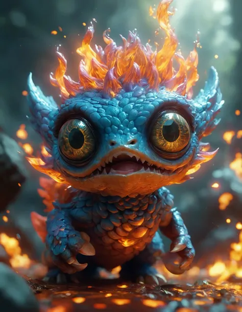 3d render creature animal very big eyes fire elemental flush of force nature micro world fluo fishscale, design by pixar, unreal 5, daz, hyperrealistic, octane render, cosplay, rpg portrait, dynamic lighting, intricate detail, harvest fall vibrancy, cinematic