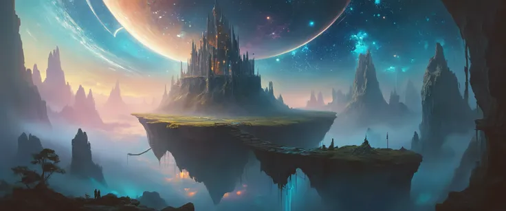 Mythical Nightscapes, a concept matte painting of a singular floating island castle, flying citadel levitating across interstellar space in a misty pearlescent nebula by ross tran towers situated in a starry expanse of bioluminescent cosmic worlds by beksinski and beeple, flying citadel with towers, trending on artstation.