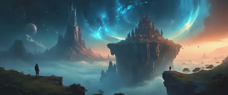 Mythical Nightscapes, a concept matte painting of a singular floating island castle, flying citadel levitating across interstellar space in a misty pearlescent nebula by ross tran towers situated in a starry expanse of bioluminescent cosmic worlds by beksinski and beeple, flying citadel with towers, trending on artstation.