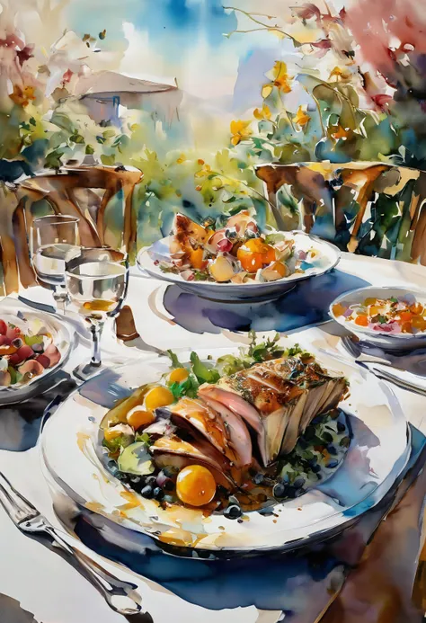 Positiv Clip L
an award-winning painting,( colored:0.5), (inked watercolormix,:0.7) an impressive Extreme painting, (in the style of Alice Pasquini:0.4), close-up of a, a meticulously arranged lunch table
Positive Clip G
an award-winning painting,( colored:0.5), (inked watercolormix,:0.7) an impressive Extreme painting, (in the style of Alice Pasquini:0.4), close-up of a, Behold the captivating sight of a meticulously set lunch table. Crisp linen tablecloths adorned with elegant centerpieces of freshly cut flowers create an atmosphere of refined sophistication. Each place setting is adorned with polished silverware and fine china, evoking a sense of timeless elegance.
The culinary offerings are presented with artful precision. A vibrant array of seasonal salads, composed with colorful heirloom tomatoes, crisp cucumbers, and peppery arugula, entices guests with their freshness and vibrancy. Delicate slices of artisanal bread, still warm from the oven, are displayed in a rustic woven basket, accompanied by a selection of savory spreads and infused olive oils.
The main course takes center stage, a culinary masterpiece meticulously crafted by the chef. Picture a succulent grilled salmon fillet, perfectly seared and served atop a bed of wild rice pilaf, garnished with a medley of roasted vegetables and drizzled with a citrus-infused vinaigrette. The dish is a harmonious blend of flavors and textures, expertly prepared to delight the palate.
As the meal progresses, guests are treated to a selection of artisanal cheeses and charcuterie, presented on elegant wooden boards alongside a variety of crusty breads and seasonal fruits. Each cheese is carefully chosen for its unique flavor profile, inviting guests to indulge in a leisurely exploration of taste and texture.
To accompany the meal, a selection of fine wines and refreshing beverages are offered, served in crystal glassware and chilled to perfection. The conversation flows effortlessly as guests savor each bite and sip, basking in the convivial atmosphere and the pleasure of shared company.
---------