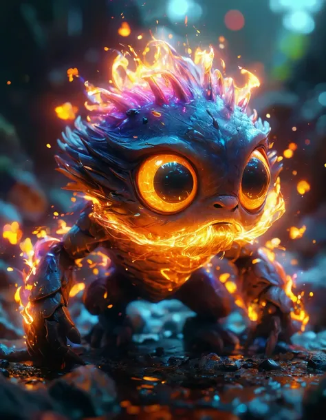 3d render creature animal very big eyes fire elemental flush of force nature micro world fluo fishscale, design by pixar, unreal 5, daz, hyperrealistic, octane render, cosplay, rpg portrait, dynamic lighting, intricate detail, harvest fall vibrancy, cinematic <lora:glowneon_xl_v1:1> glowneon, glowing, sparks