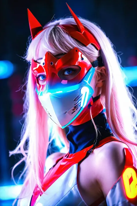 best quality, photo portrait of perfect female face in mask,
techno dance club anime cosplay glowneon mask,
zero_two_\(darling_in_the_franxx\) mask ~~aesthetic~~,
still from James Bidgood's art-house dramatic scene,
HD, -- v , -- , -----------,
<lora:MJ52:0.15> <lora:amazing_portraits_xl_v1b:0.35> <lora:xl_more_art-full_v1:-0.1> <lora:glowneon_xl_v1:0.2> <lora:zerotwo:0.25> <lora:add-detail-xl:-0.2>