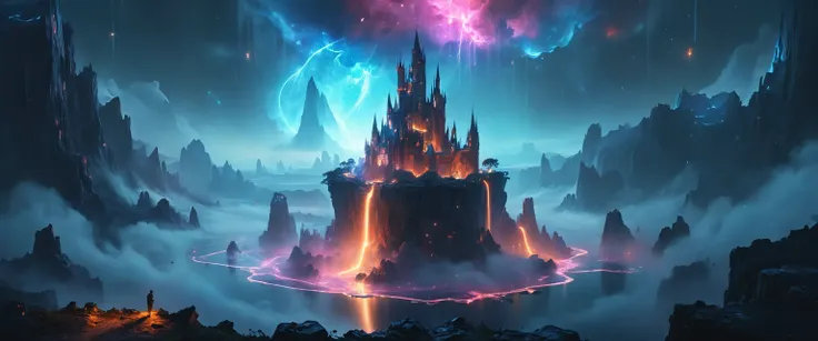 Mythical Nightscapes, a concept matte painting of a singular floating island castle, flying citadel levitating across interstellar space in a misty pearlescent nebula by ross tran towers situated in a starry expanse of bioluminescent cosmic worlds by beksinski and beeple, flying citadel with towers, trending on artstation. <lora:glowneon_xl_v1:1> glowneon, glowing, sparks, lightning