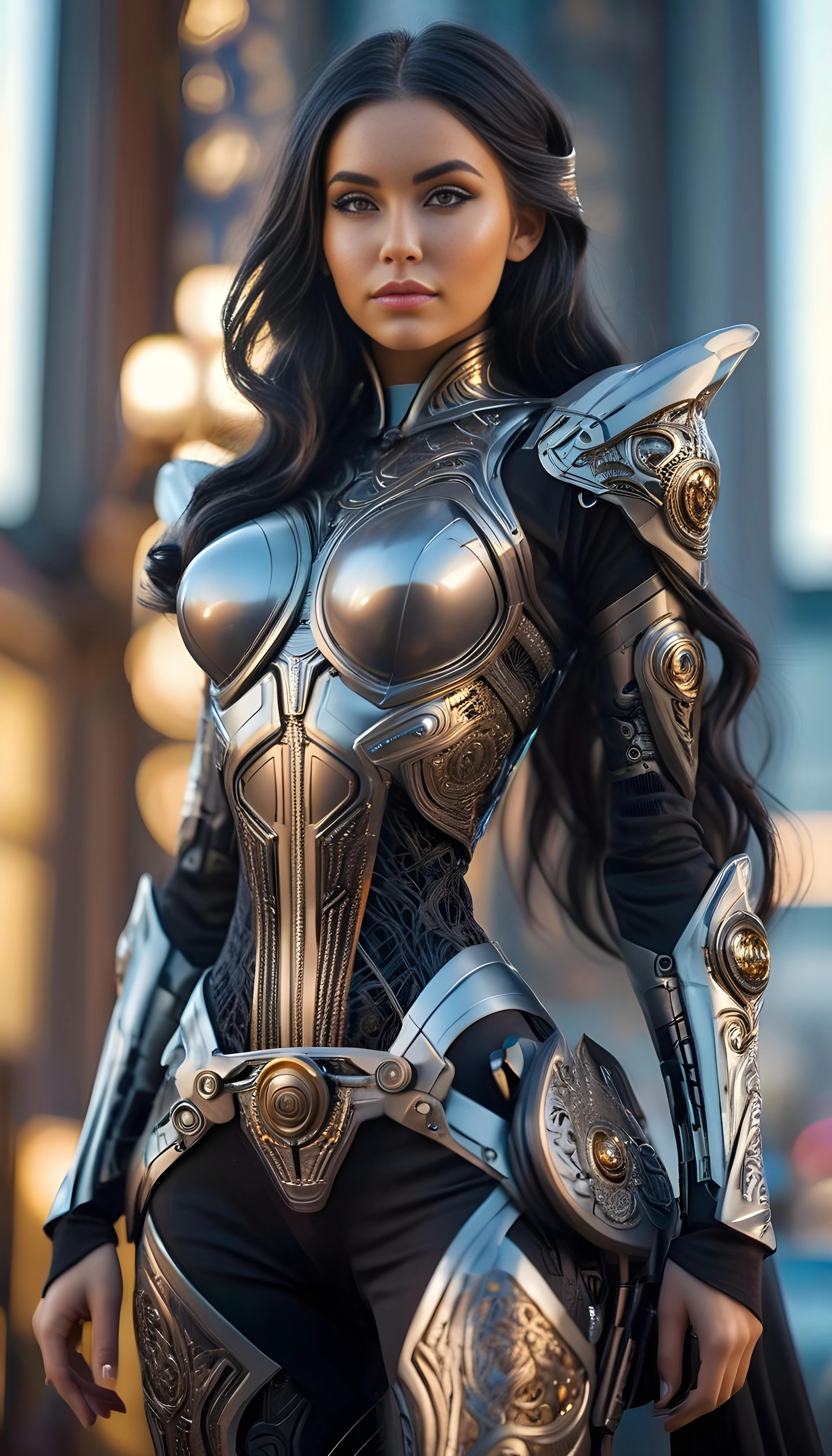full body wide angle, professional 3d model , 3d printed fit romantic 23 year old (Icelandic:1.1) woman with long jet black hair, brown eyes, (makeup, eyeliner, eyeshadow, lipstick:0.9), cyborg companion, Futuristic western cowgirl, ornate and intricate, inner biocore,highly detailed translucent skin with hair, translucent, perfect female body, wide hips:1.5, narrow waist, perky breasts, cleavage, hdr, smooth, sharp focus, high resolution, award winning photo, 80mm, f2.8, bokeh, tropical environment, octane render, highly detailed, volumetric, dramatic lighting,ethereal forest with enchanted flora and fauna in a mystical and magical setting
