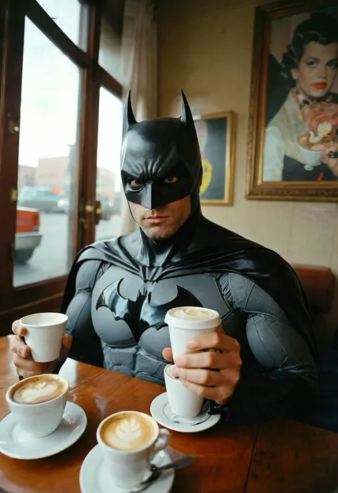 fixl-art, batman drinking a cup of coffee, fisheye, william eggleston, (SimplePositiveXLv2:1.58)
