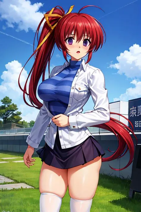 {{masterpiece}},{{best quality}},{{high resolution}},{{caustics}},{{detailed}},
convention_hall,tokyo_big_sight,,mizuki_takase,comic_party,white jacket, striped Tshrit,blue_skirt,white high socks,red_hair, hair_ribbon,one_side_pony_tail,purple_eye, large breast,19 year old girl,white_high_ socks,zettai ryouiki, thighhighs, skindentation,ahoge,one pony tail,thick thighs, <lora:mizukistripe2:0.5>