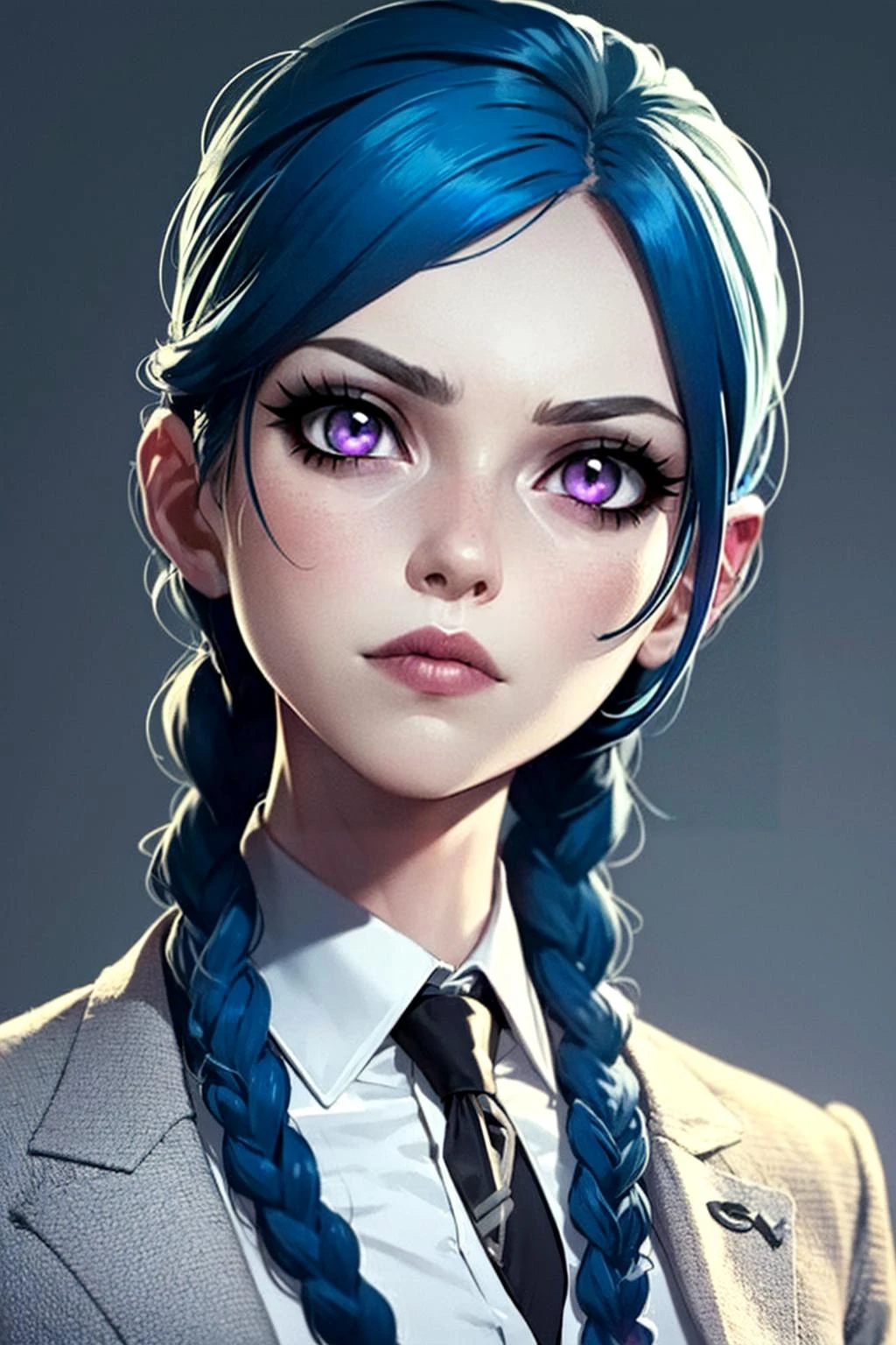 high quality, jinkesi_quan,jinkesi_lian,1 girl with simple background, (side bangs), blue hair, tattoos, (pink eyes), (double braids), ((long braids)) ((raised eyebrows)) looking at audience
(black frilly tie), white collared shirt, black suit, school uniform
pendant, necklace, jewelry, portrait, shiny, (original)
original, (masterpiece), (illustration), (extremely fine and beautiful), perfect detail, realistic, (nice clear background: 1.25), (depth of field: 0.7), (beautiful face), casual, <lora:jinkesi_x-000007:0.8>.