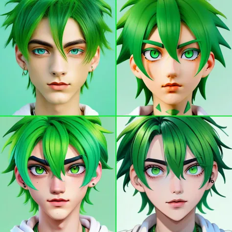 close up portrait of handsome boy, green hair, white clothes, best quality, masterpiece, fine details, looking at viewer, 4wbk <lora:4th_Wall_Breaker:1>