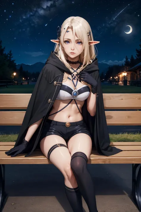 masterpiece, best quality,  <lora:shbeatrix-nvwls-v1-000008:0.9> shbeatrix, pointy ears, hair ornament, circlet, choker, black cloak, halterneck, bra, shorts, black gloves, single thighhigh, from side, serious, sitting, park, bench, night sky, stars, looking at viewer