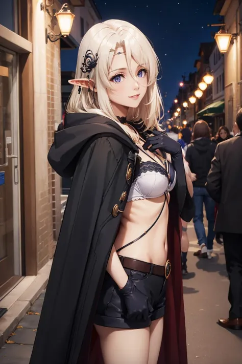masterpiece, best quality, <lora:shbeatrix-nvwls-v1-000008:0.9> shbeatrix, pointy ears, hair ornament, circlet, choker, black cloak, halterneck, bra, shorts, black gloves, upper body, looking at viewer, emotionless, village, night