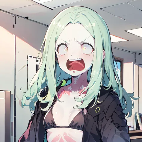 absurdres, highres, ultra detailed, hengao_teio, open mouth, tongue out, surprised, (constricted pupils:1.35), wide-eyed, <lora:hengao_teio_v1:0.7>
(black bra, black jacket,black bikini:1.2) highly detailed face, highly detailed eyes, 1girl, rebecca \(cyberpunk\), long hair, (((mechanical eye, colored sclera, red sclera))), colored skin, white skin, leg tattoo, neck tattoo, green hair, long hair, (((small breasts))), fang, (((red pupils))), skin fang, (((red eyes))), sleeveless, indoors, (12 years old girl:1), <lora:rebecca_v1:0.9>