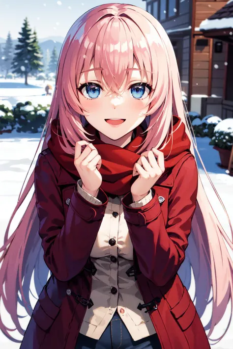 masterpiece, best quality, highres, aahonami, long hair, pink hair, blue eyes, <lora:ichinose_honami_v1:0.7>, winter clothes, red scarf, coat, snow, smile, outdoors