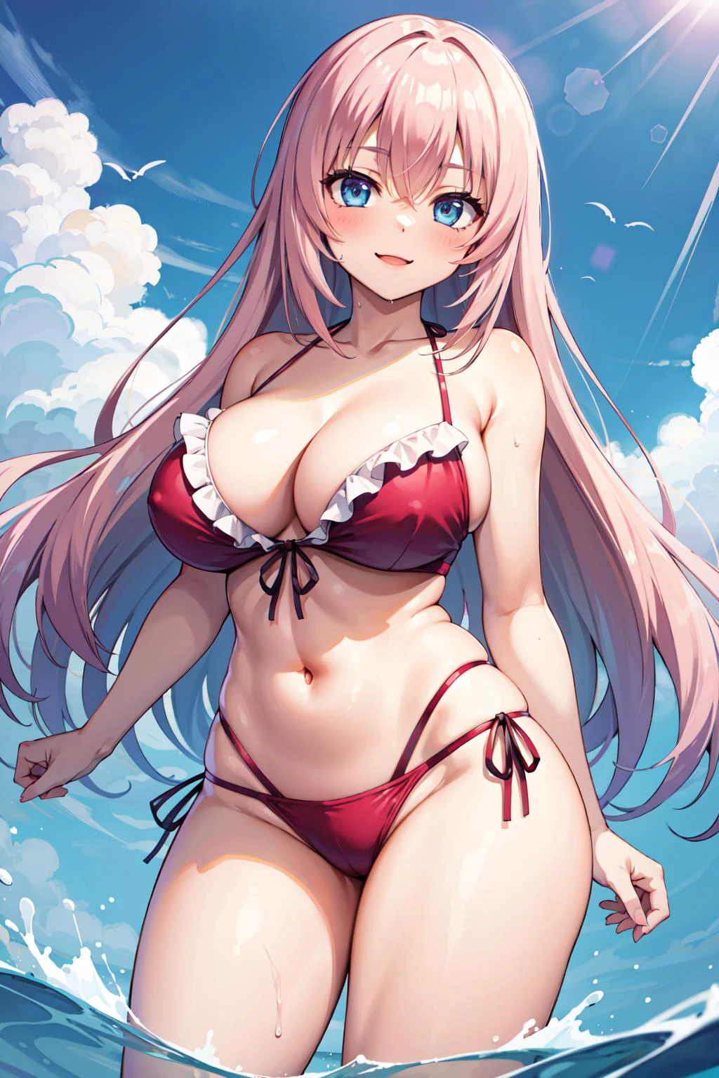 1girl,formidableswim,blue_bikini,large breasts,  <lora:FormidableSwimsuit[formidableswim,blue_bikini]V1-000004:1>,(white_single_thighhigh),standing,outdoors,street,building,