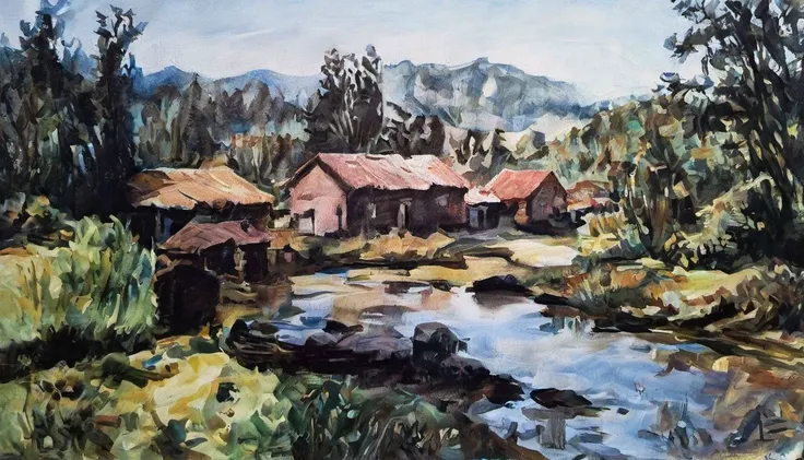 oil on canvas, landscape of a (Nohwet Village:1.3) in the distance there is The Redwood Forest, it is Alien, Engaging lake, Bathed in shadows, stylized by Rebecca Guay, Thomas W Schaller and Hajime Sorayama, double exposure, film camera, F/14, trending on CGSociety, extremely detailed CG Unity 8k wallpaper, <lora:OIL_ON_CANVAS_v3:1>