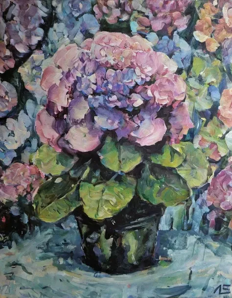 oil on canvas, Surreal Maximalist Hydrangea, Metalcore, <lora:OIL_ON_CANVAS_v3:1>