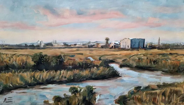 oil on canvas, landscape of a ([Zimbabwe|Study]:1.1) in the distance there is a Warehouse, reeds, Stars in the sky, Regret, <lora:OIL_ON_CANVAS_v3:1>