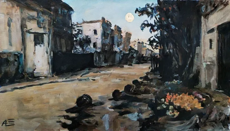 oil on canvas, designed by Waterhouse, John Constable, Ed Blinkey, Atey Ghailan, Studio Ghibli, Jeremy Mann, Greg Manchess, Antonio Moro and makoto shinkai, landscape of a Level Crude ([Italy|Desert]:1.3) and Flower Bulb, city street, Moon in the night, Grim, 800mm lens, Hypersaturated, <lora:OIL_ON_CANVAS_v3:1>