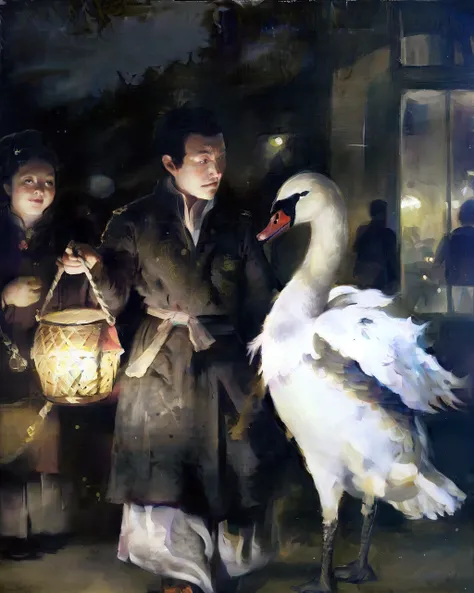 oil on canvas style of an (anthropomorphic swan in a hanfu) at a night market, walking away from a fire, dark sinister horr mood, (lanterns), (art by ryohei hase:1.2), galaxy of stars in the sky
<lora:OIL_PAITING_ON_CANVAS_v2:0.80>