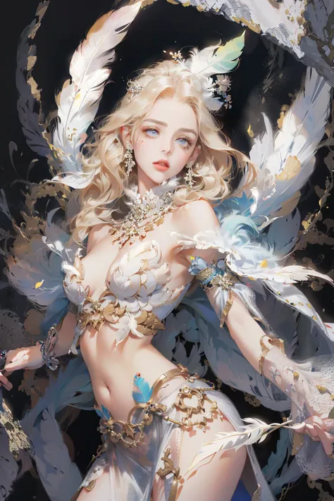 (absurdres, highres, ultra detailed), 1girl, solo, extremely detailed eyes, (official art, beautiful and aesthetic:1.2), (fractal art:1.3), colorful, highest detailed, (zentangle:1.2), (dynamic pose), (abstract background:1.3), (shiny skin), (many colors:1.4), ,(earrings:1.4), (feathers:1.4) <lora:LORA-Cool Mix Style:1>