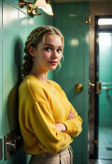 (medium full shot) of (supermodel school teacher) young woman, french, bright green eyes, light skin, petite, braided hair,             wearing a golden yellow cashmere sweater, high-waisted trousers, classic loafers,  delicate gold chain, soft lipstick, laughing, arms crossed, set in  Locker Room, Dimly lit space with metal lockers lining the walls, wooden benches for seating, a row of shower stalls with frosted glass doors, damp towels hanging on hooks, a faint scent of soap lingering in the air, ,Masterpiece,best quality, photorealistic, amazing quality, very aesthetic, extremely detailed face,