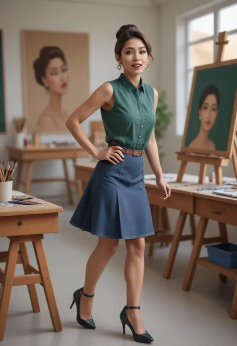 (medium full shot) of (supermodel school teacher) young woman, thai, brown eyes, light brown skin, petite, low chignon hair, wearing a emerald green sleeveless blouse, denim skirt, stylish pumps, stud earrings, subtle eyeshadow, surprised, open mouth, running toward the viewer, set in Art classroom, Creative space with long tables for workstations, easels with canvases, shelves filled with paintbrushes and colorful paints, inspirational art pieces displayed, drying racks for finished artwork, at sunset, Masterpiece,best quality, photorealistic, amazing quality, very aesthetic, extremely detailed face,