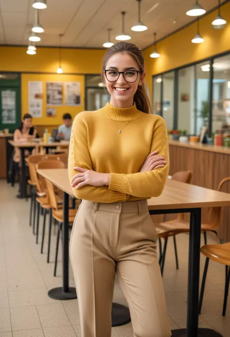 (medium full shot) of (esthetic school teacher) young woman, arabian, green eyes, tan skin, curvy, sleek ponytail hair,             wearing a golden yellow knitted sweater, straight-leg pants, wedge heels,  stylish glasses, light blush, laughing, arms crossed, set in  School Canteen, Bright, bustling area with linoleum flooring, long cafeteria-style tables and benches, vibrant posters decorating the walls, hanging pendant lights, a serving counter displaying various food options, at night, Masterpiece,best quality, photorealistic, amazing quality, very aesthetic, extremely detailed face,