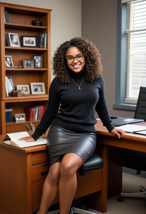 (medium full shot) of (gorgeous school teacher) young woman, south african, dark brown eyes, dark skin, curvy, voluminous curls hair,             wearing a classic black soft sweater, knee-length skirt, closed-toe heels,  reading glasses, light blush, laughing, squatting, set in  Principal's Office at school, Professional space with a large desk, leather chair, filing cabinets lining the walls, diplomas and awards displayed, a phone on the desk, a nameplate on the door, Masterpiece,best quality, photorealistic, amazing quality, very aesthetic, extremely detailed face,