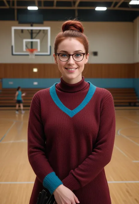 (medium full shot) of (bonnie teacher) young woman, canadian, fair skin, turquoise eyes, Medium build, medium red bun hair, wearing a warm maroon knitted sweater, fitted dress pants, oxfords,  reading glasses, light blush, set in  school Gymnasium, Spacious room with basketball hoops at either end, bleachers along the sides, gym mats piled in a corner, exercise equipment neatly arranged, a scoreboard overhead, at night, smiling at the viewer, Masterpiece,best quality, photorealistic, amazing quality, very aesthetic, extremely detailed face,