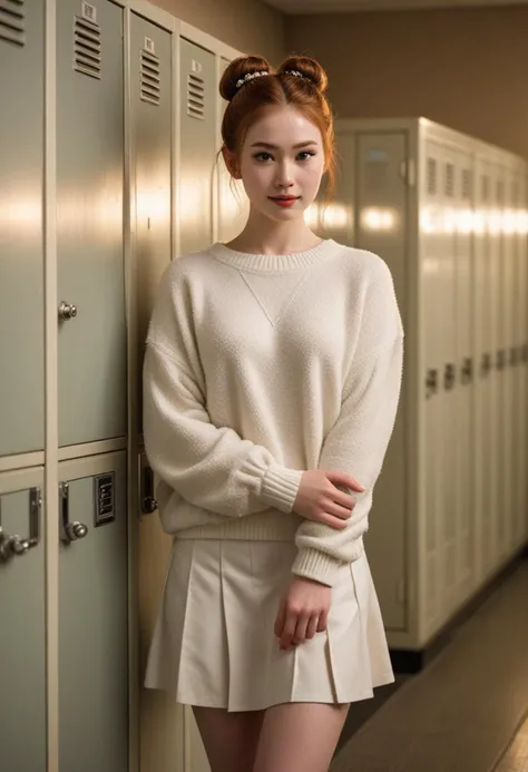 (medium full shot) of (supermodel teacher) young woman, japanese, dark brown eyes, pale skin, pale skin, brown eyes, willowy build, long ginger double buns hair, wearing a pearl white soft sweater, wool skirt, kitten heels, elegant wristwatch, soft lipstick, set in Locker Room, Dimly lit space with metal lockers lining the walls, wooden benches for seating, a row of shower stalls with frosted glass doors, damp towels hanging on hooks, a faint scent of soap lingering in the air, at sunset, smiling at the viewer, Masterpiece,best quality, photorealistic, amazing quality, very aesthetic, extremely detailed face,