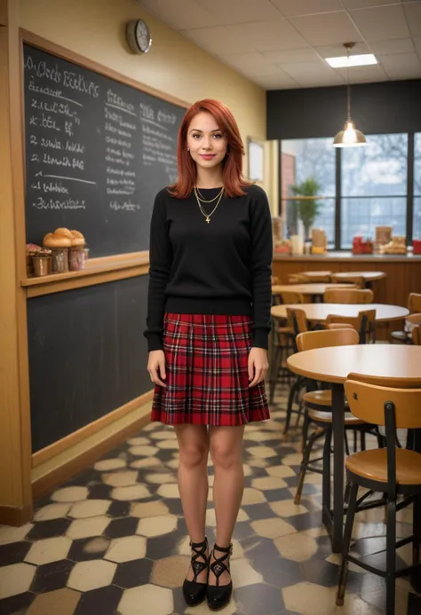 (medium full shot) of (attractive teacher) young woman, native american, mocha skin, light brown eyes, slim build, extra long red bob hair, wearing a classic black cashmere sweater, plaid skirt, wedge heels,  delicate gold chain, natural foundation, set in  School Canteen, Cozy corner with round tables and chairs, checkerboard linoleum flooring, chalkboard menu on the wall, hanging pendant lights, a display case filled with baked goods, at night, laughing, squatting, Masterpiece,best quality, photorealistic, amazing quality, very aesthetic, extremely detailed face,