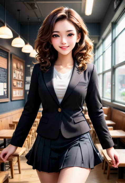 (medium full shot) of (vivacious school teacher) young woman, chinese, dark brown eyes, fair skin, petite, voluminous curls hair,             wearing a classic black elegant blazer, pleated skirt, oxfords,  stud earrings, subtle eyeshadow, laughing, jumping in the air, set in  School Canteen, Relaxed atmosphere with plush couches and coffee tables, laminate flooring, soft lighting from hanging lanterns, chalkboard menu on an easel, a display case filled with sandwiches and wraps, ,Masterpiece,best quality, photorealistic, amazing quality, very aesthetic, extremely detailed face,