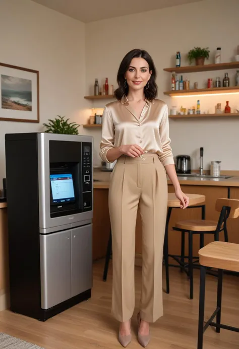 (medium full shot) of (gorgeous teacher) young woman, canadian, fair skin, green eyes, Average build, extra long dark bob hair, wearing a soft beige silk blouse, classic trousers, comfortable pumps,  hoop earrings, soft lipstick, set in  Teacher Lounge, Modern decor with sleek sofas, a communal kitchenette with a coffee maker, a microwave, a sink, a vending machine in the corner, a television mounted on the wall, a small table with stools for quick bites, at sunset, surprised, open mouth, pointing her finger at the viewer, Masterpiece,best quality, photorealistic, amazing quality, very aesthetic, extremely detailed face,