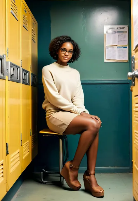 (medium full shot) of (lovely school teacher) young woman, south african, dark brown eyes, dark skin, curvy, straight bob cut hair,             wearing a soft beige fitted sweater, wool skirt, wedge heels,  reading glasses, subtle eyeshadow, laughing, arms crossed, set in  School Locker Room, Compact space with rows of colorful lockers, a bulletin board covered in announcements, wooden benches for changing shoes, backpacks piled in a corner, the faint hum of conversation among students, at night, ,Masterpiece,best quality, photorealistic, amazing quality, very aesthetic, extremely detailed face,