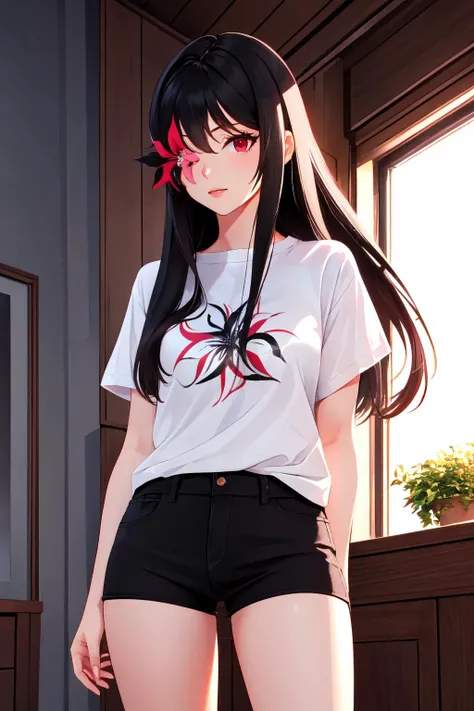 Highly detailed, High Quality, Masterpiece, beautiful,FlowerOverEye, <lora:FlowerOverEye:1>, 1girl, solo, cowboy shot, red eyes, black hair, long hair, shirt, white shirt, shorts, short shorts, black shorts