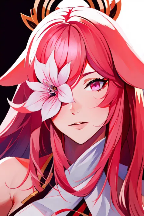 Highly detailed, High Quality, Masterpiece, beautiful,FlowerOverEye, <lora:FlowerOverEye:1>, 1girl, solo, cowboy shot, yae miko, pink eyes, long hair, pink hair, animal ears, <lora:Char_GenshinImpact_YaeMiko:1>