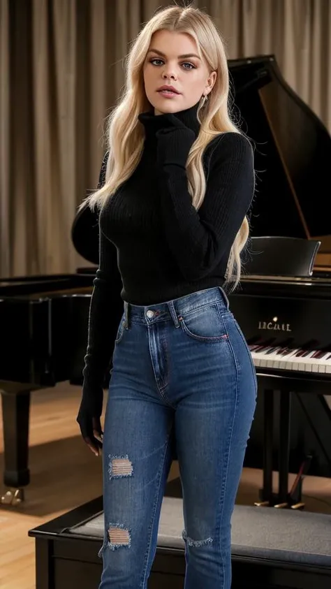 davinamichelle_V1,Standing next to the front of a grand piano, holding a microphone and singing into it, denim jeans and a black turtleneck sweater, photography, 35 mm, motion blur, realistic, depth of field, photorealistic, fine texture, cinematic lighting., detailed skin texture, subsurface scattering, dry skin, fuzzy skin