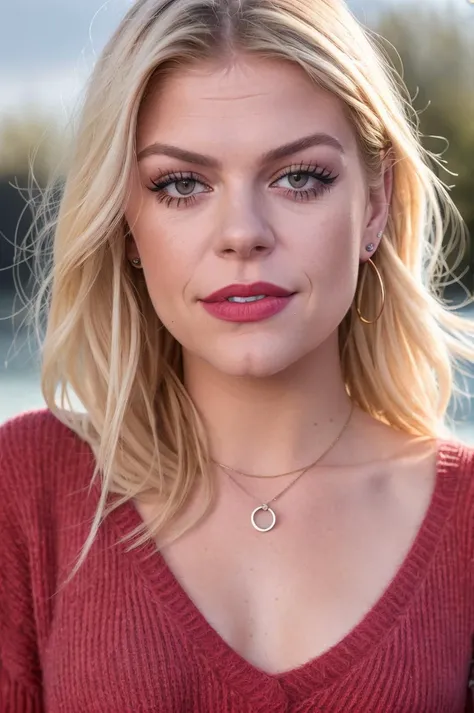 realistic photo, (davinamichelle_V1), smile, (dirty blond hair), wearing a sweater, red lips, (eye shadow), intricate details, shallow depth of field, [volumetric fog], cinematic lighting, reflections, photographed on a Canon EOS R5, wide lens, F/2.8, HDR, 8k resolution