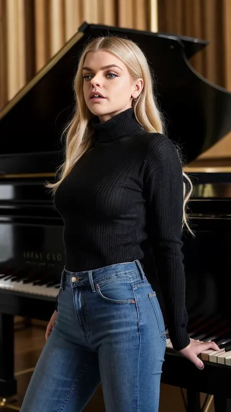 davinamichelle_V1,Standing next to the front of a grand piano, holding a microphone and singing into it, denim jeans and a black turtleneck sweater, photography, 35 mm, motion blur, realistic, depth of field, photorealistic, fine texture, cinematic lighting., detailed skin texture, subsurface scattering, dry skin, fuzzy skin