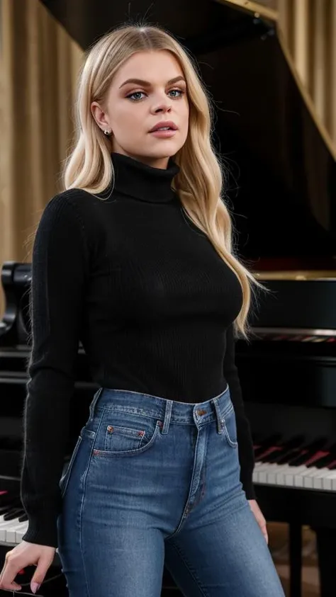 davinamichelle_V1,Standing next to the front of a grand piano, holding a microphone and singing into it, denim jeans and a black turtleneck sweater, photography, 35 mm, motion blur, realistic, depth of field, photorealistic, fine texture, cinematic lighting., detailed skin texture, subsurface scattering, dry skin, fuzzy skin