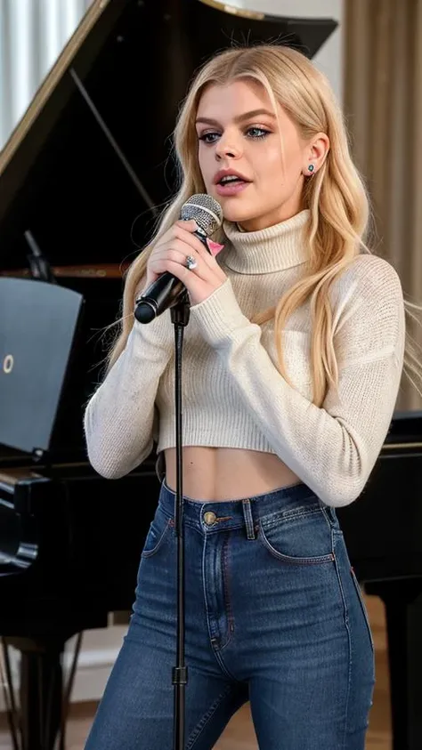 davinamichelle_V1,Standing next to the front of a grand piano, holding a microphone and singing into it, denim jeans and a black turtleneck sweater, photography, 35 mm, motion blur, realistic, depth of field, photorealistic, fine texture, cinematic lighting., detailed skin texture, subsurface scattering, dry skin, fuzzy skin