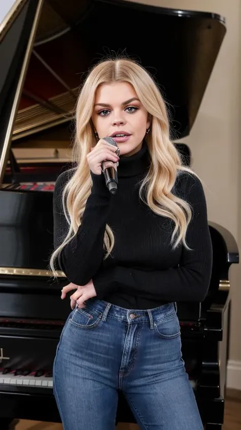 davinamichelle_V1,Standing next to the front of a grand piano, holding a microphone and singing into it, denim jeans and a black turtleneck sweater, photography, 35 mm, motion blur, realistic, depth of field, photorealistic, fine texture, cinematic lighting., detailed skin texture, subsurface scattering, dry skin, fuzzy skin