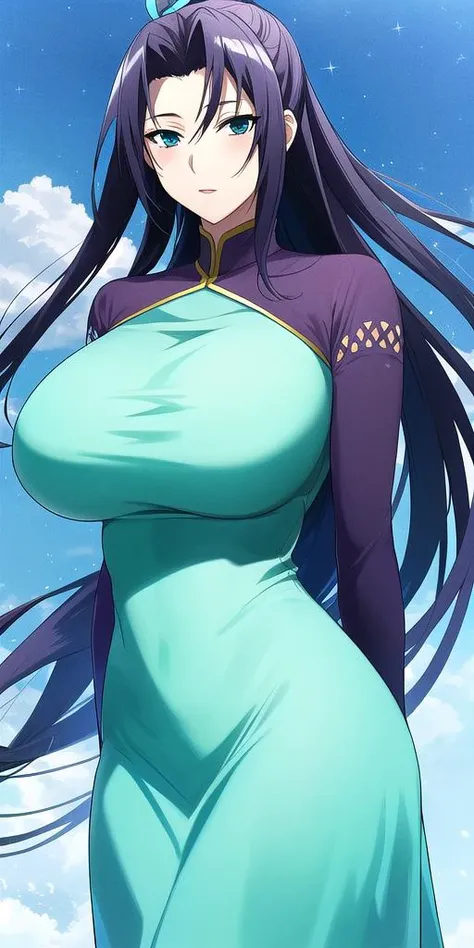 <lora:KazehanaV2:0.7> kazehanasekirei, huge_breasts,  standing, solo, aqua_dress, starry_sky,, masterpiece, best_quality, detailed_face, detailed_eyes, highres, beautiful, detailed, absurdres,